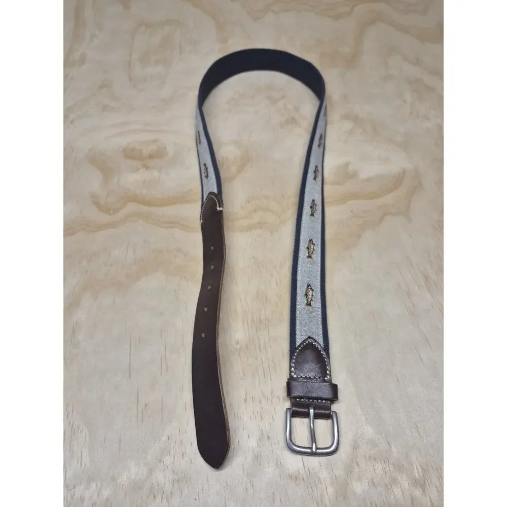 J.Crew Men’s 38 Fish Trout Embroidered Canvas & Leather Belt Navy/Brown Silver